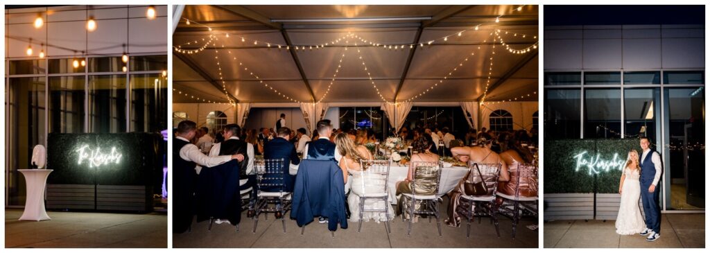 bride and groom at wedding reception at night at aloft hotel