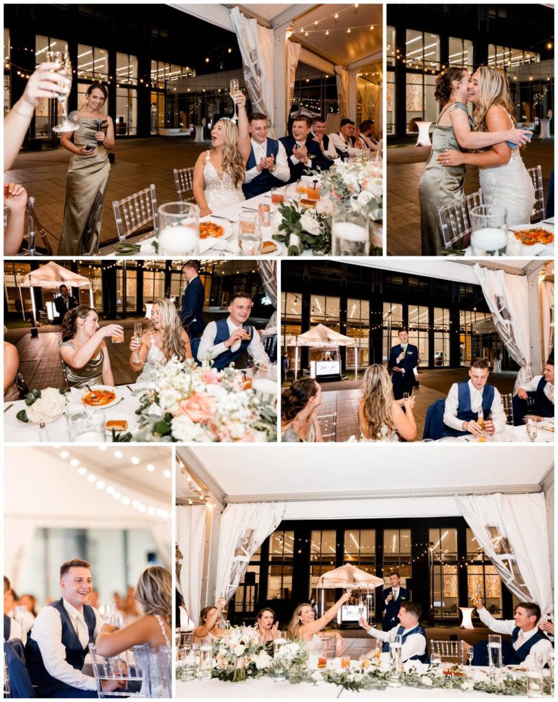 bride and groom reacting to siblings speeches at wedding reception