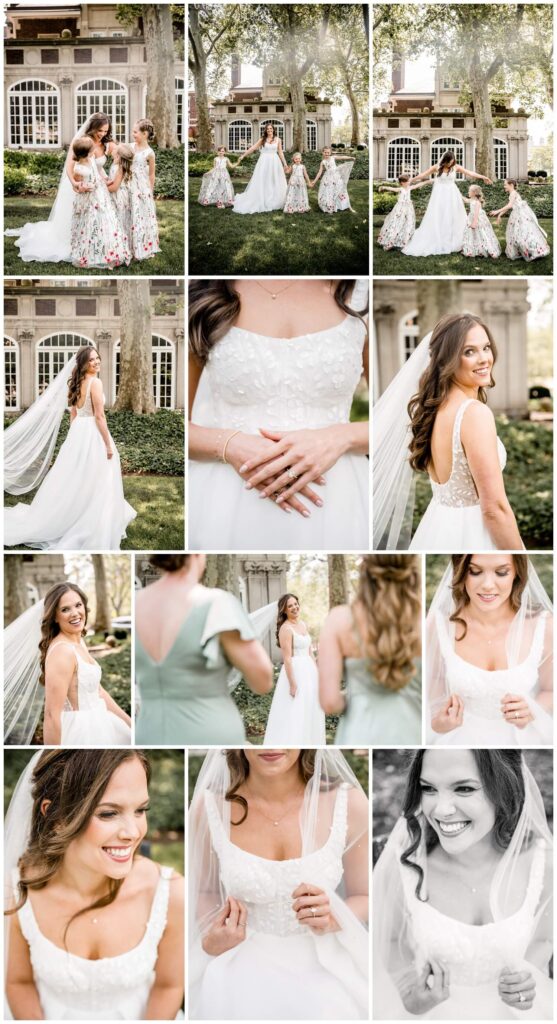 bride posing with flower girls in front of glidden house wedding venue on wedding day in cleveland