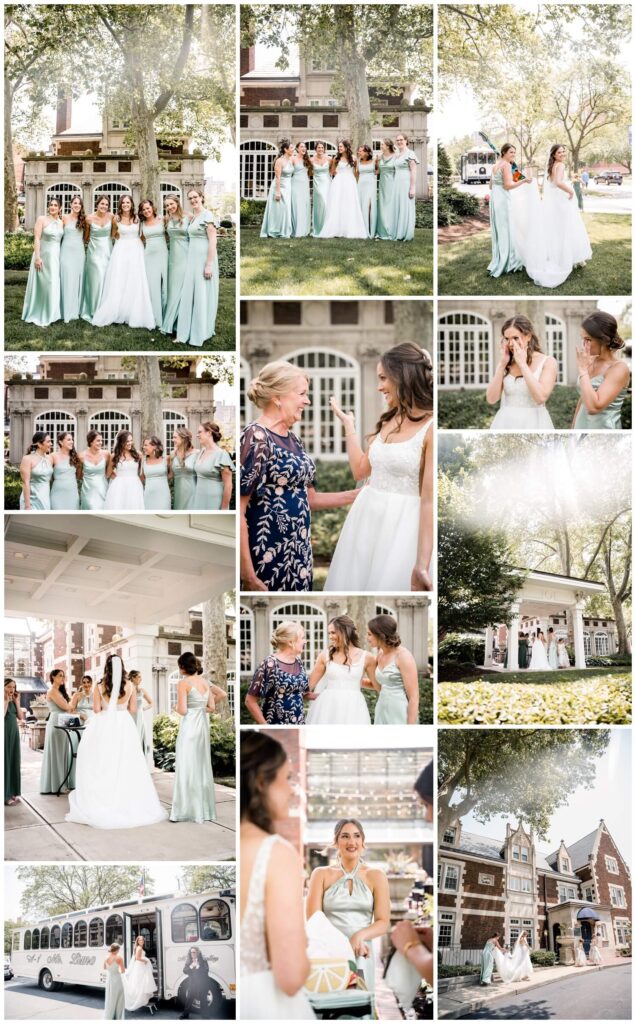 bride and bridesmaids in front of the glidden house on wedding day in cleveland