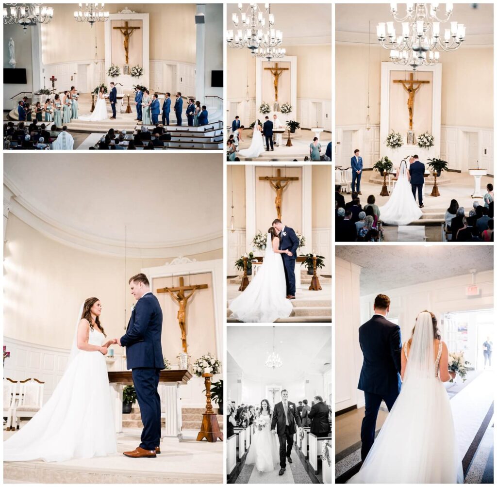 bride and groom first kiss and walking down the aisle at wedding ceremony