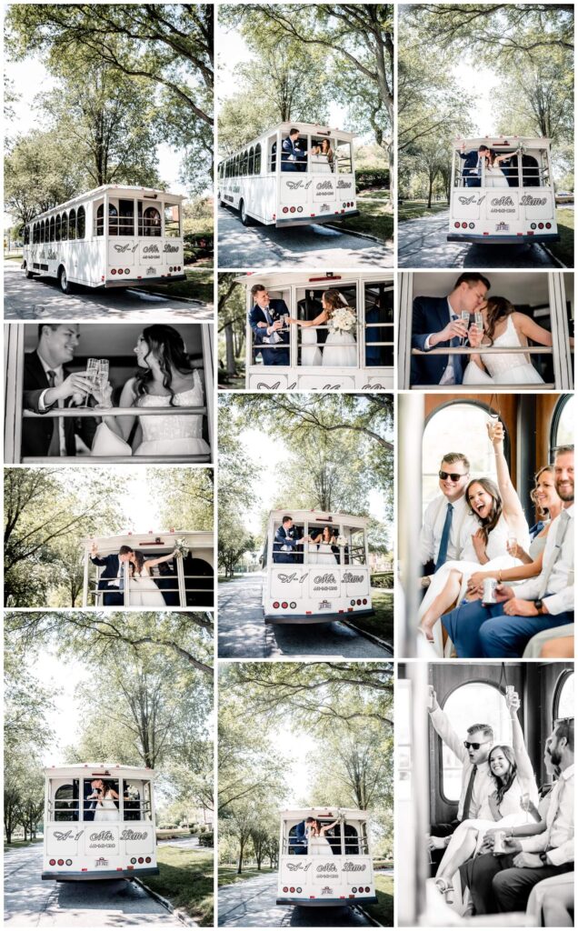 bride and groom posing on trolley on wedding day in downtown cleveland