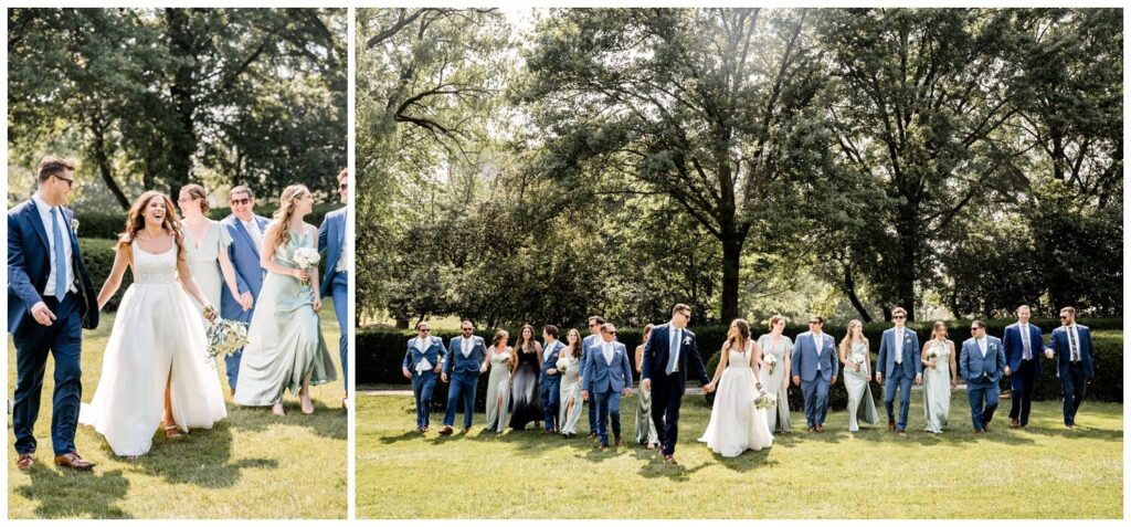 bride and groom walking with bridal party and laughing at cleveland museum of art