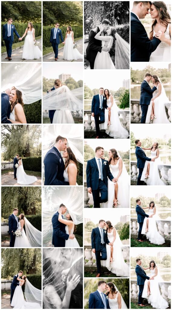 bride and groom posing together at the cleveland museum of art on wedding day