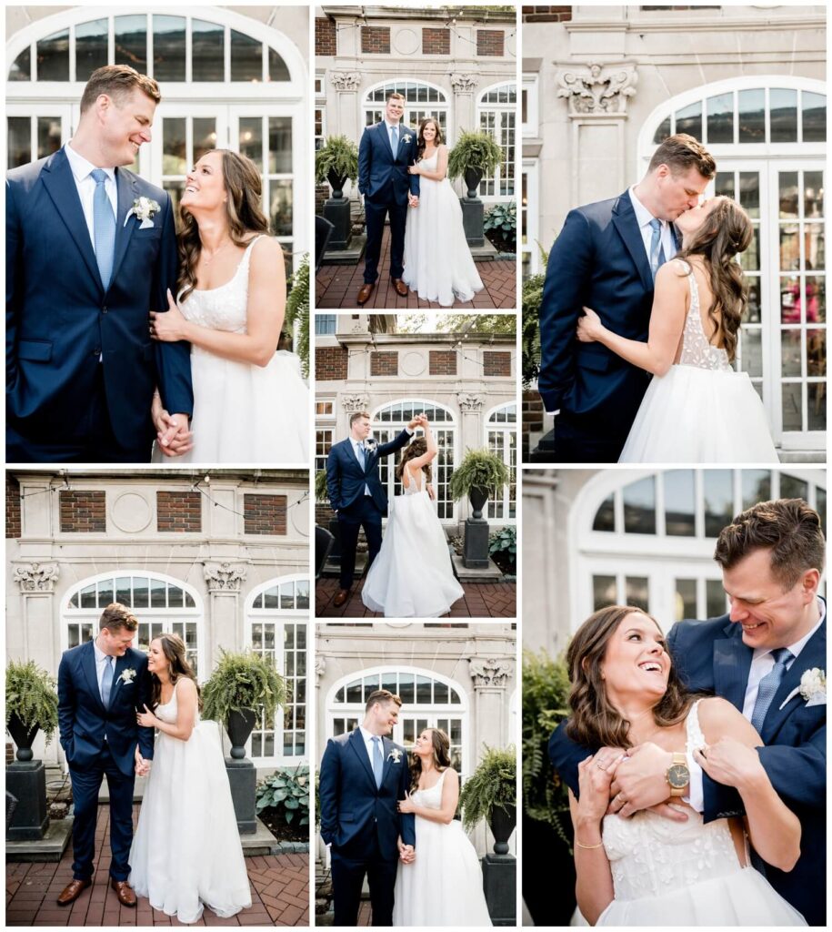 bride and groom laughing and kissing at glidden house wedding venue in cleveland