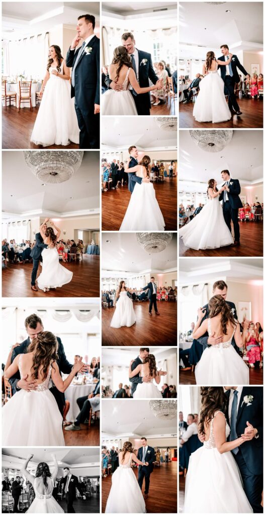 photos of bride and groom during their first dance on the dance floor at glidden house