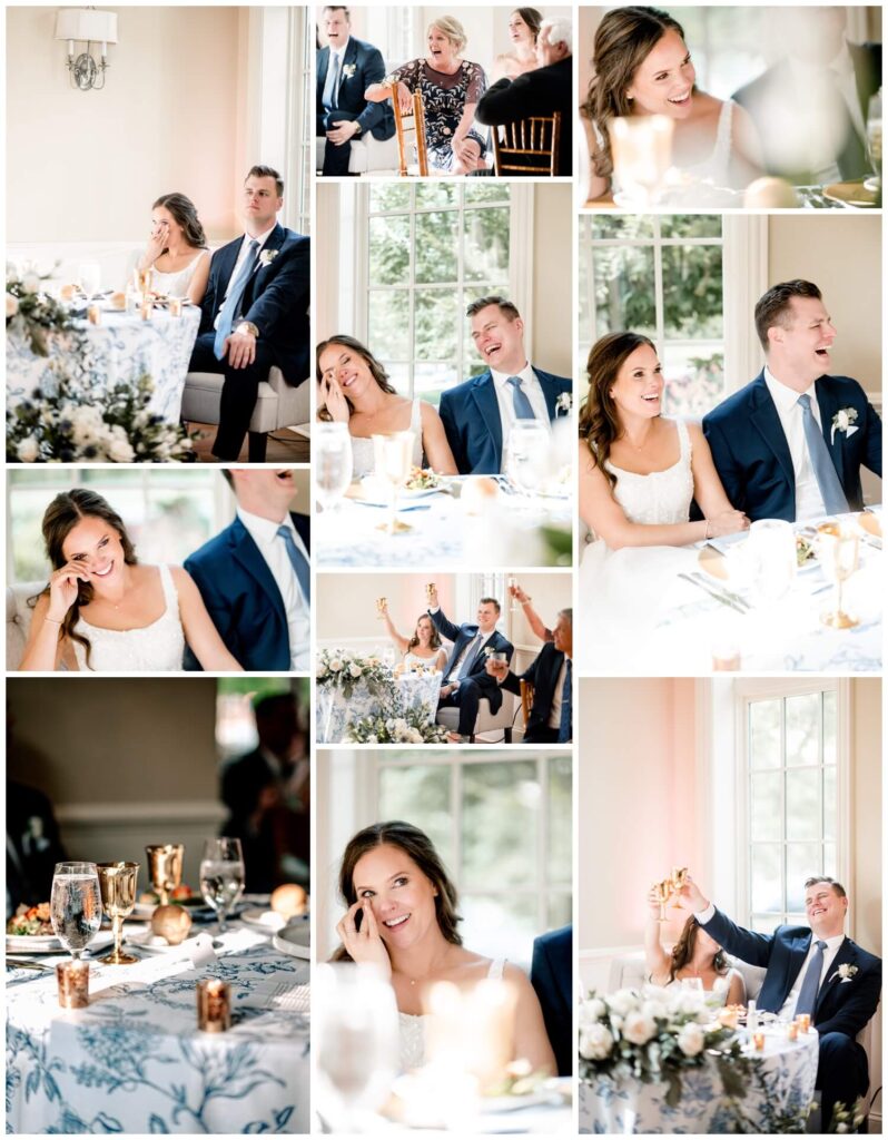 bride and groom crying and laughing during speeches at wedding reception at glidden house