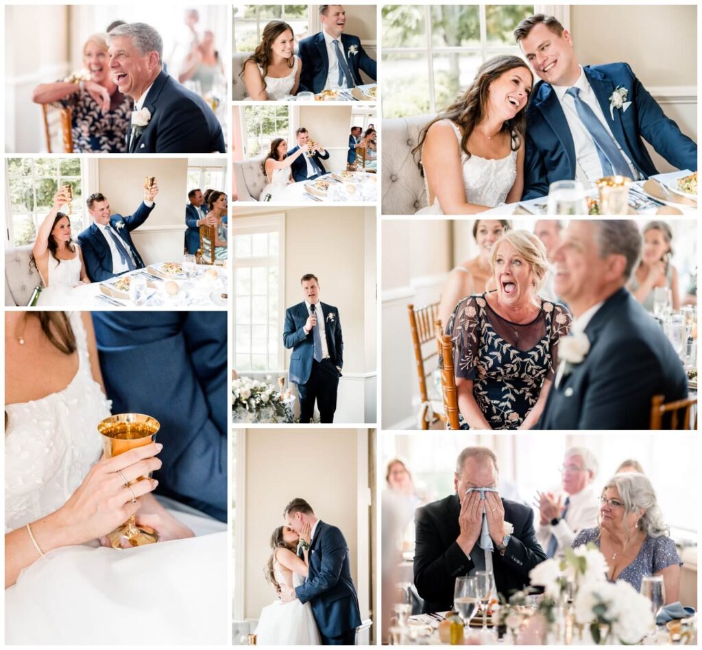 bride and groom and family reacting to speeches at glidden house wedding reception