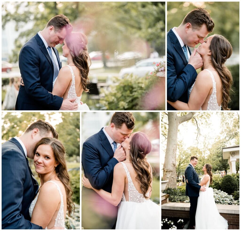 bride and groom cuddling on lawn at glidden house wedding at sunset