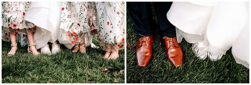 close up photos of bride and groom and flower girls shoes on wedding day