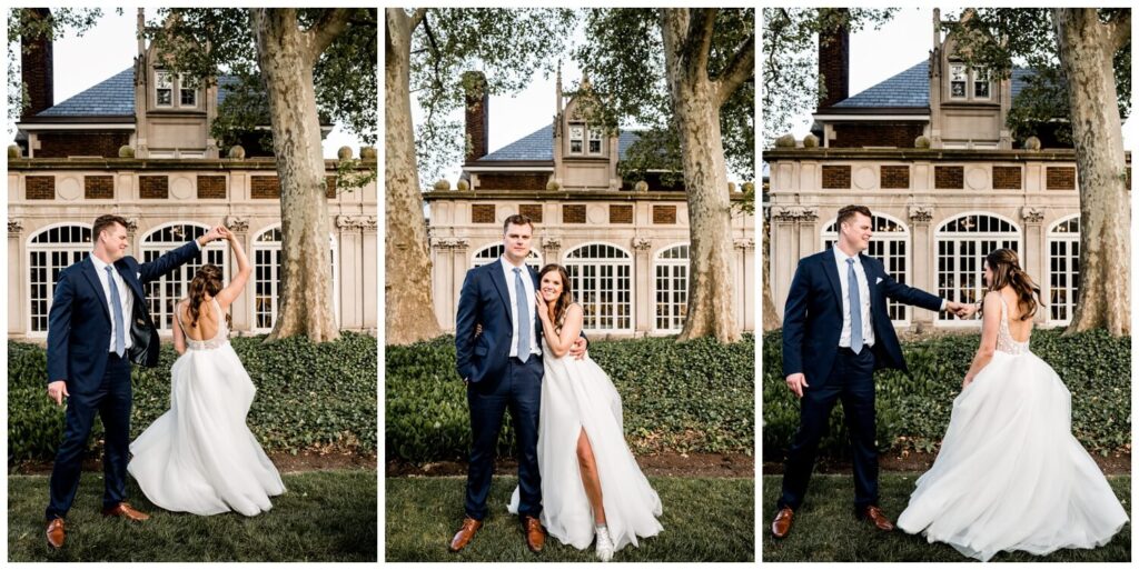 groom twirling bride in front of glidden house wedding venue in cleveland