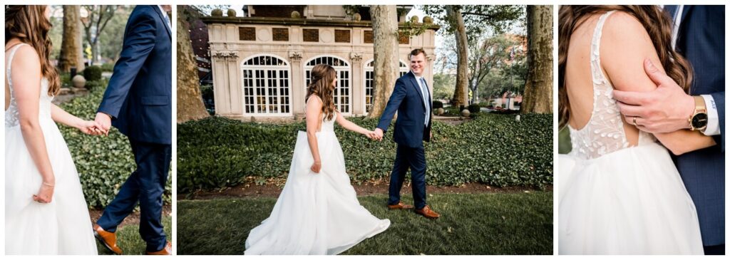 bride and groom walking in front of the glidden house outside at wedding reception