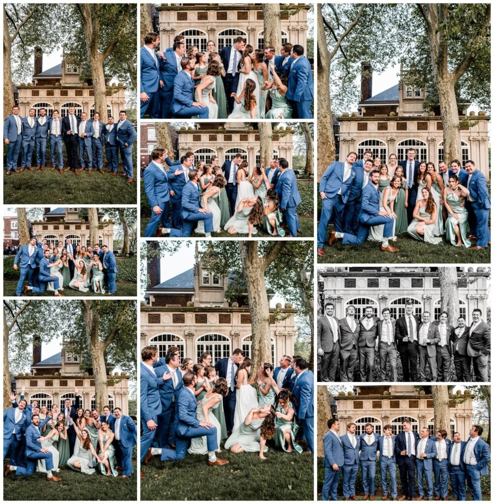 bride and groom posing with bridal party on the lawn of the glidden house wedding venue