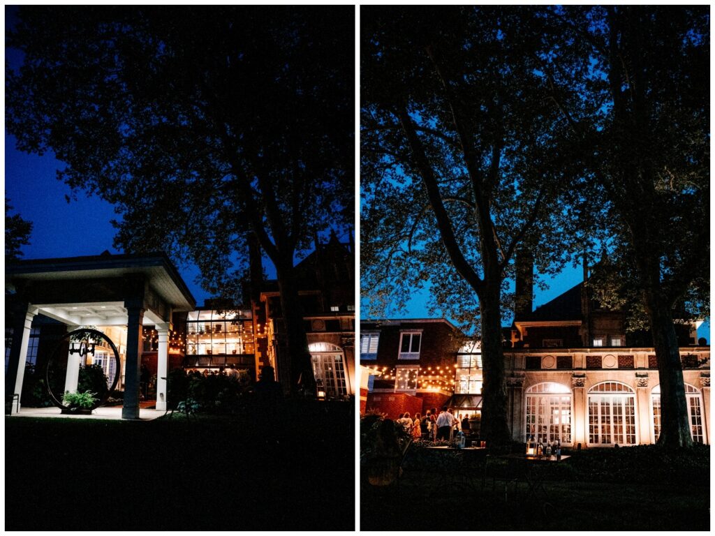 photos of the glidden house wedding venue lit up at night from outside in cleveland ohio