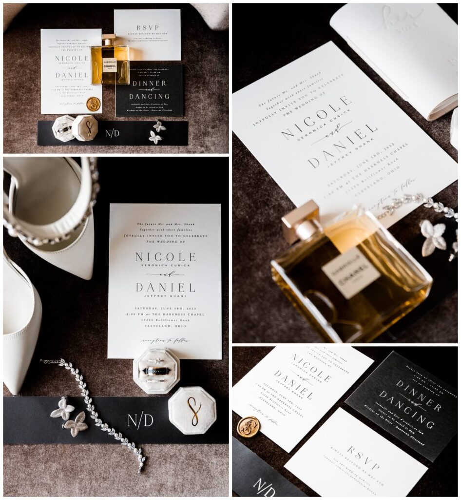 a collage of wedding invitation and details captured by three and eight photography