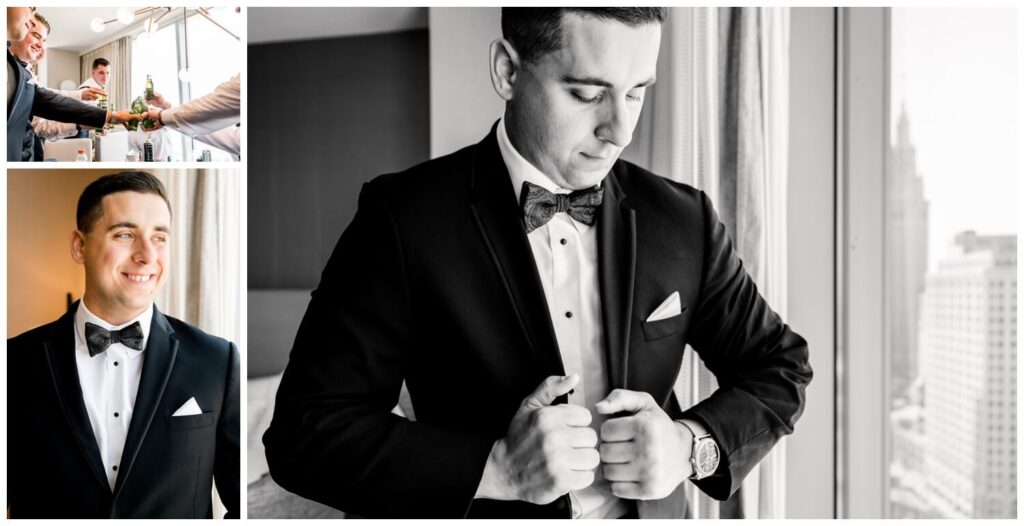 groom getting ready in downtown cleveland hotel room on wedding day