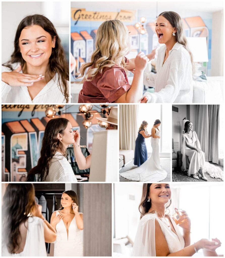 bride getting ready and having makeup done on wedding day in downtown cleveland