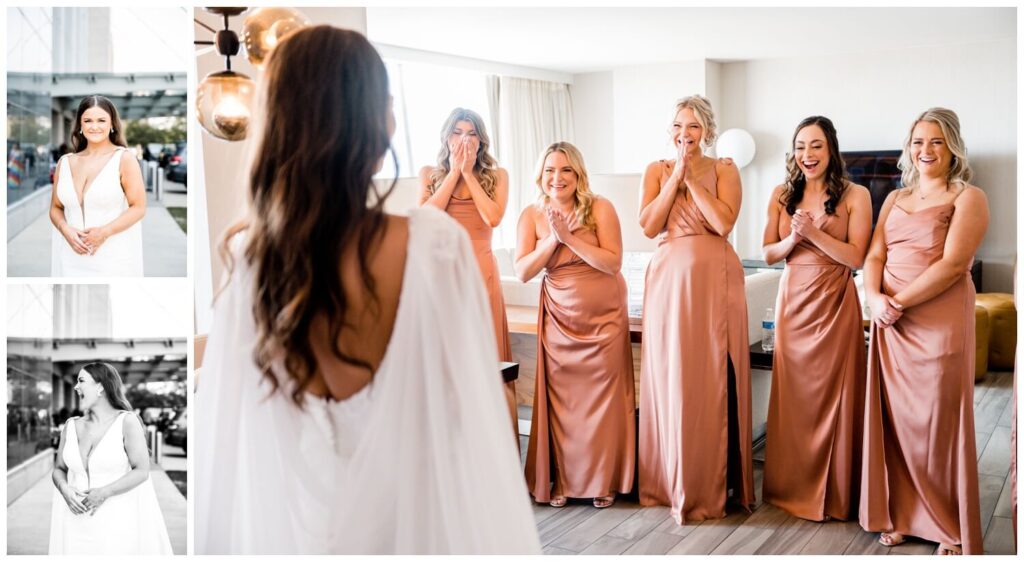 bride showing off wedding dress to bridesmaids in cleveland hotel on wedding day