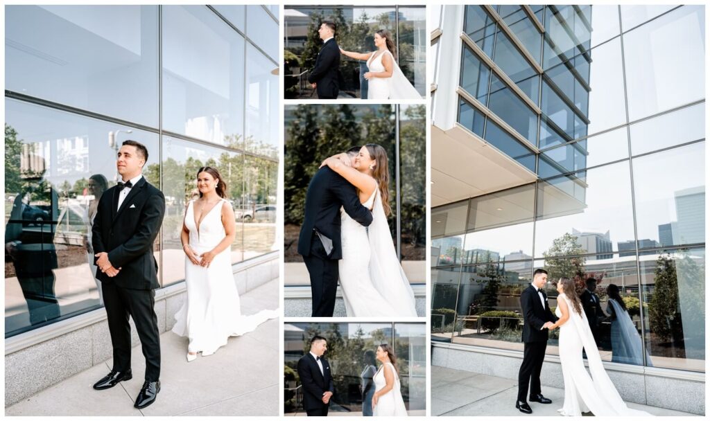 photos of bride and groom seeing each other for the first time on wedding day at downtown cleveland hilton hotel