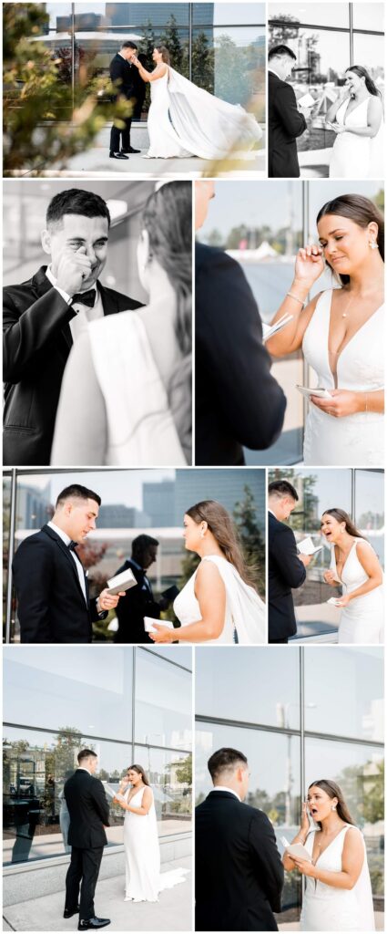 photos of bride and groom reading vows to each other on windows on the river wedding day