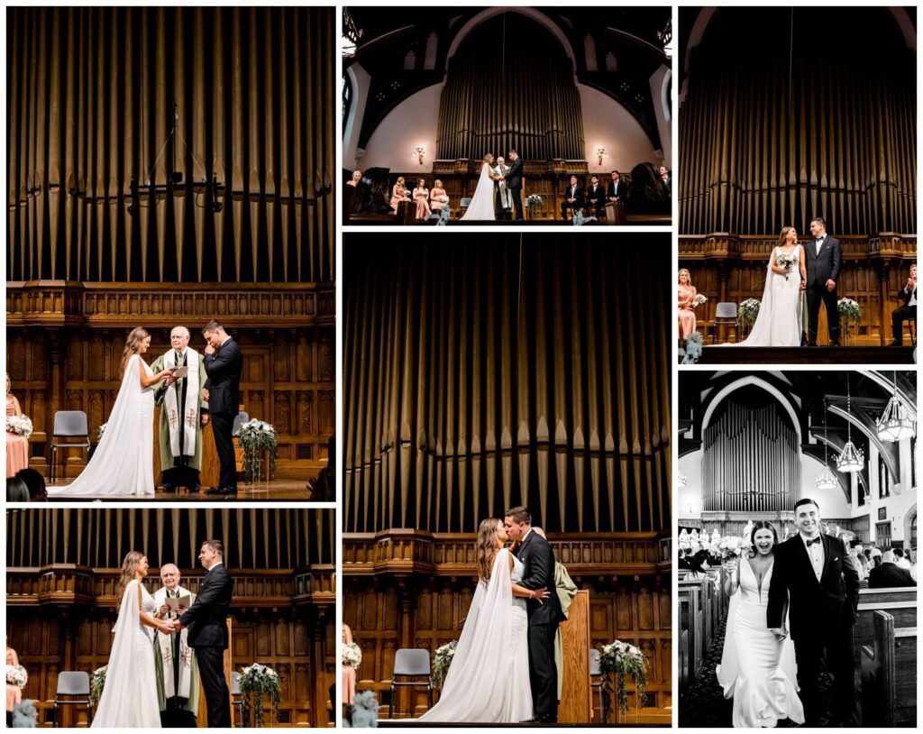 bride and groom first kiss during wedding ceremony at chapel in cleveland ohio