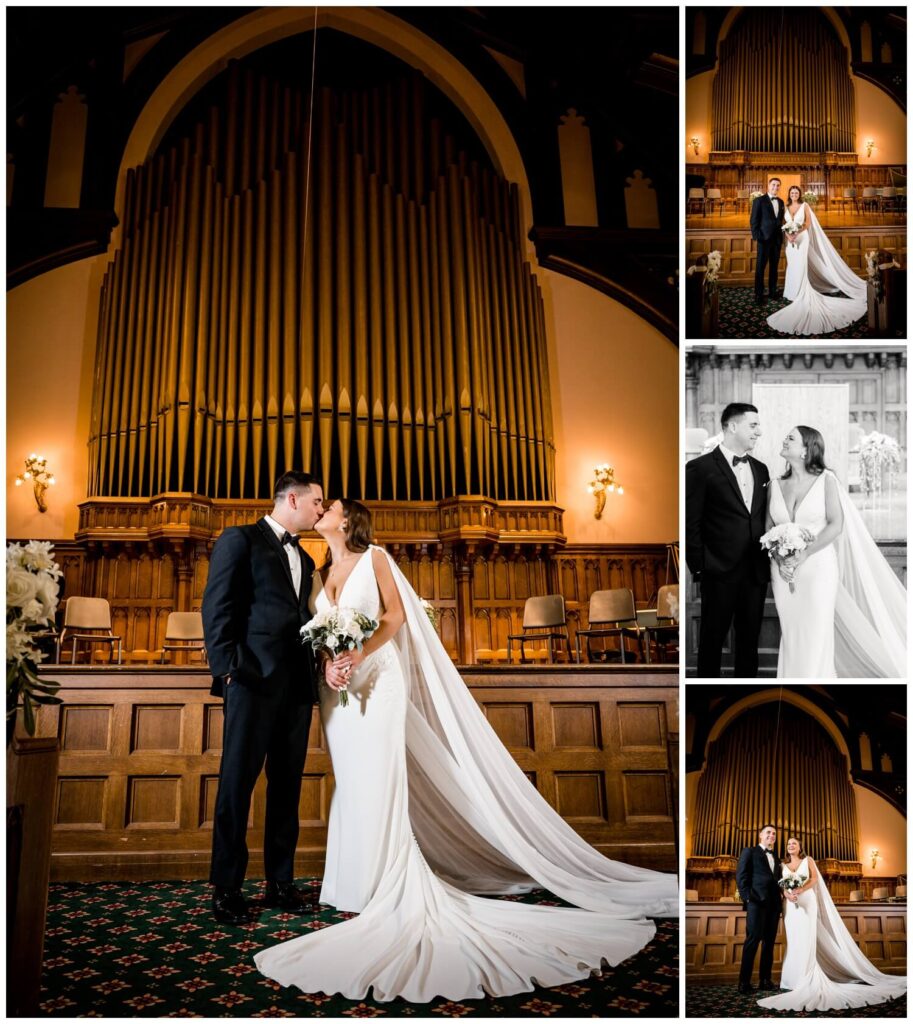 bride and groom kissing at cleveland wedding chapel captured by three and eight