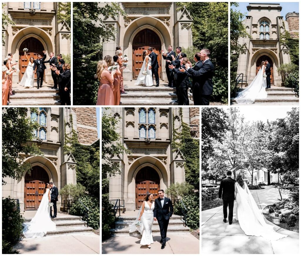 bride and groom walking together outside of wedding chapel in cleveland ohio