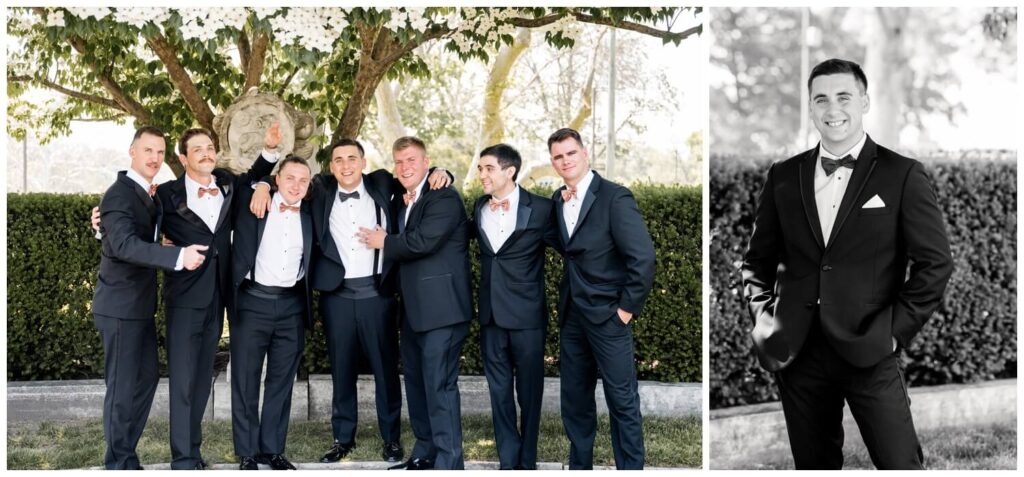 groom posing with groomsmen at the cleveland art museum