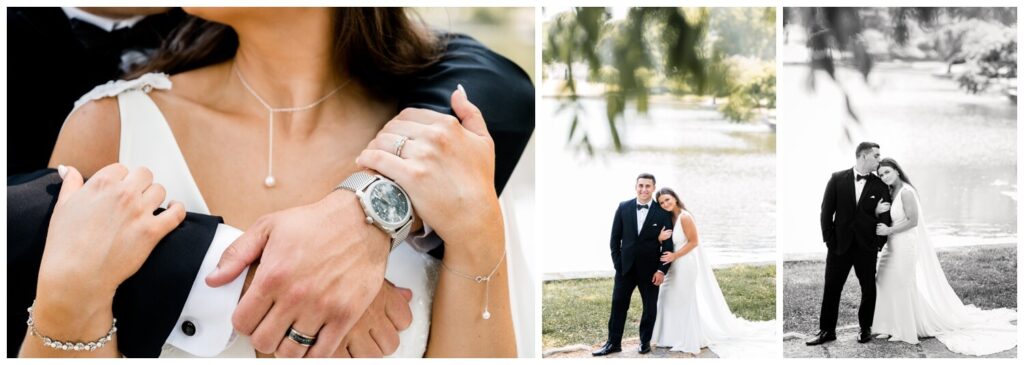 bride and groom holding each other at wade lagoon in cleveland on wedding day