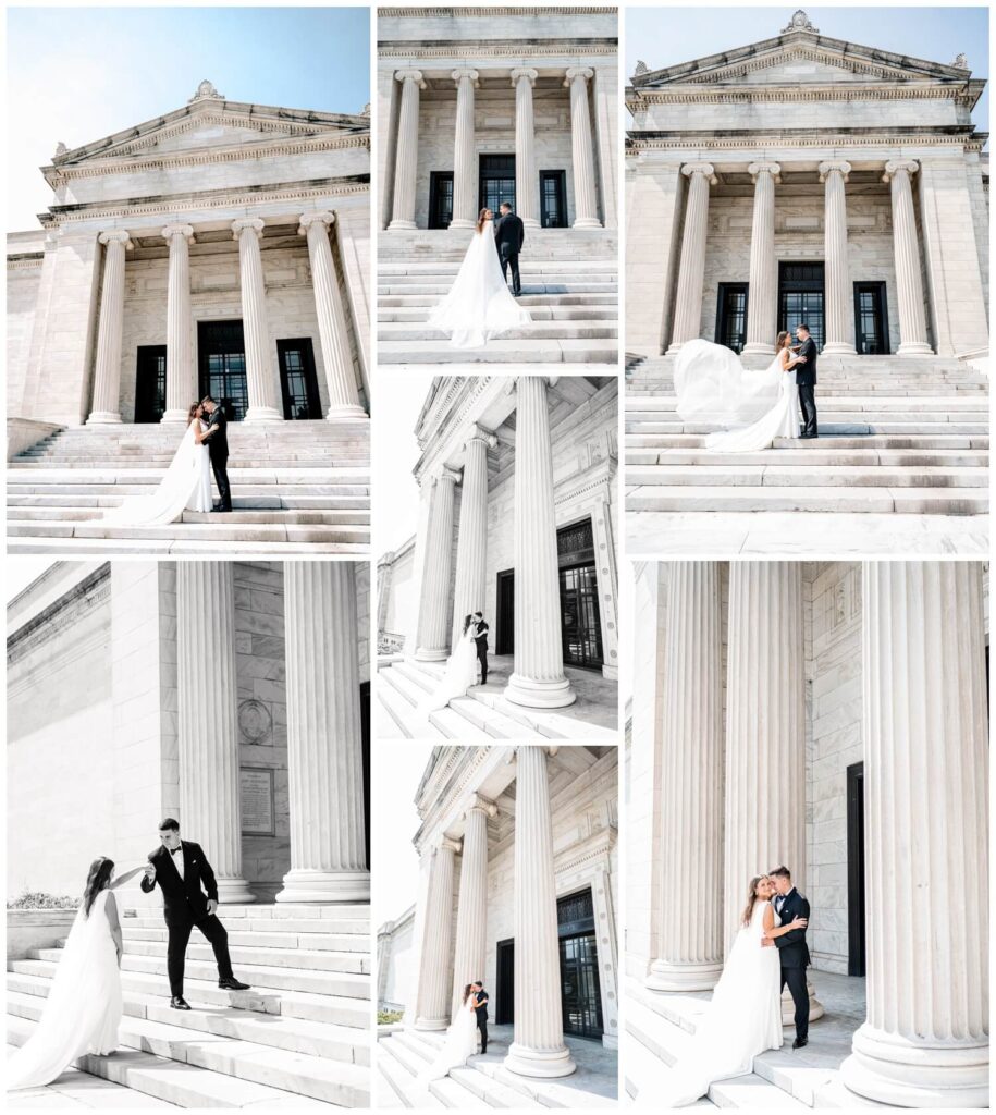 bride and groom posing on Cleveland Art museum steps captured by three and eight photography