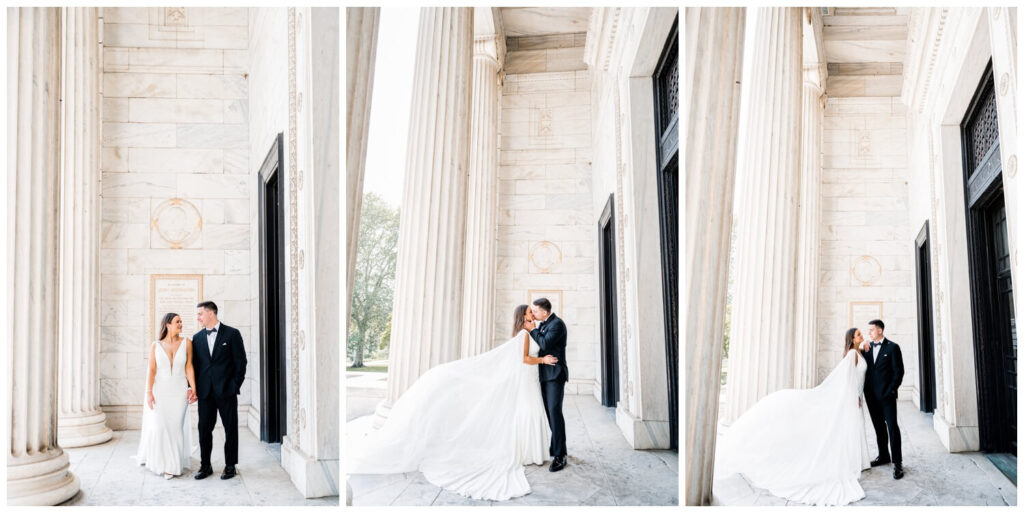 bride and groom kissing at the cleveland art museum captured by three and eight photography