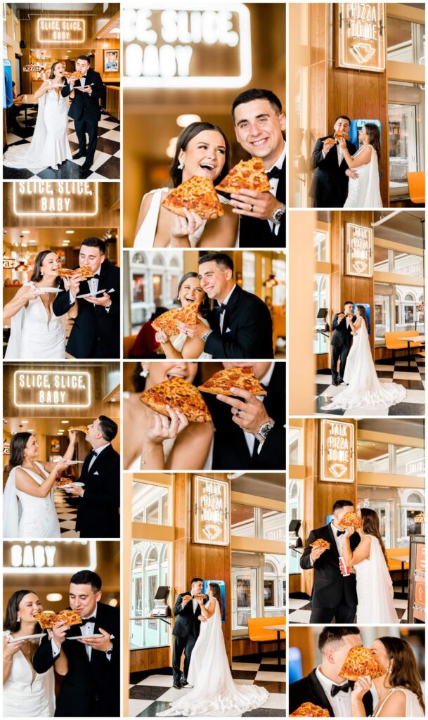 bride and groom posing at pizza shop on windows on the river wedding day captured by three and eight photography