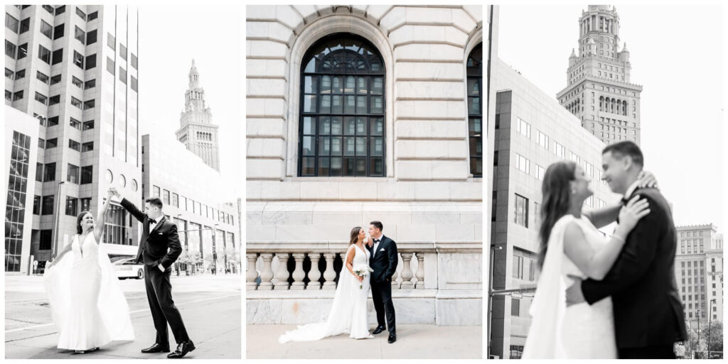 bride and groom holding each other in downtown cleveland captured by three and eight photography