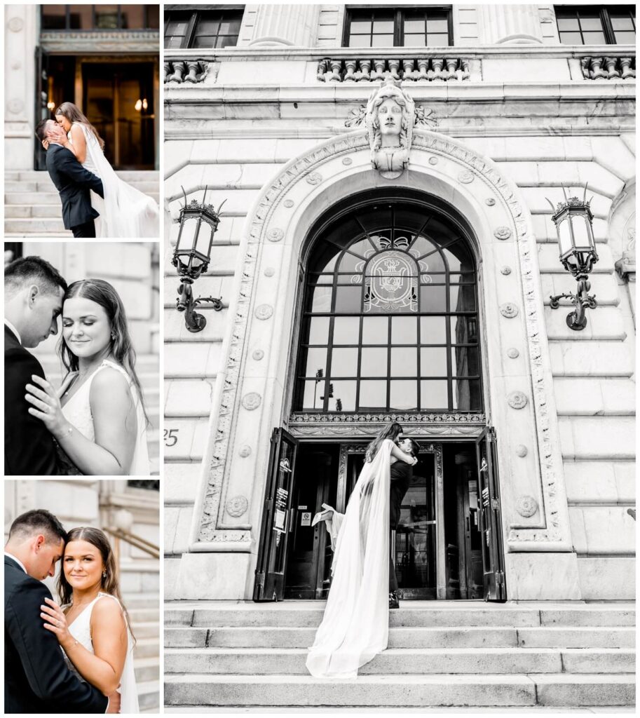 photos of bride and groom posting and kissing on the steps of the cleveland public library