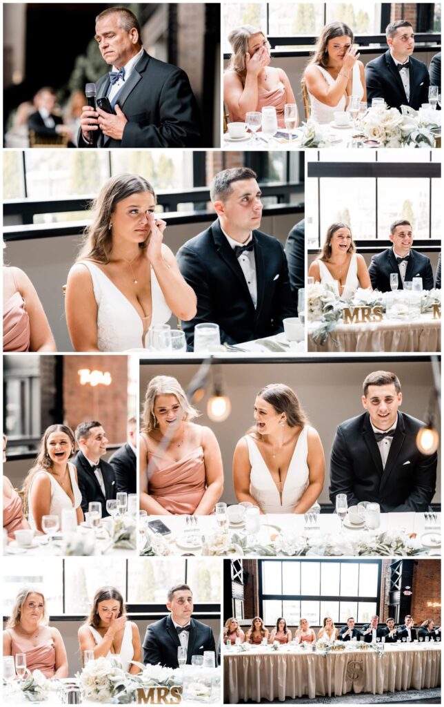 bride and groom laughing and crying at windows on the river wedding reception