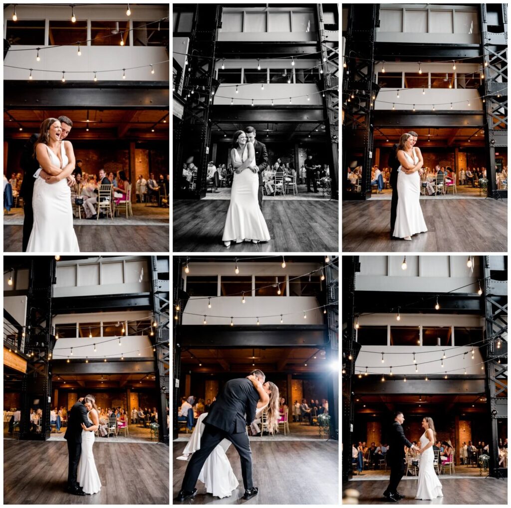 photos bride and groom dancing at windows on the river wedding reception