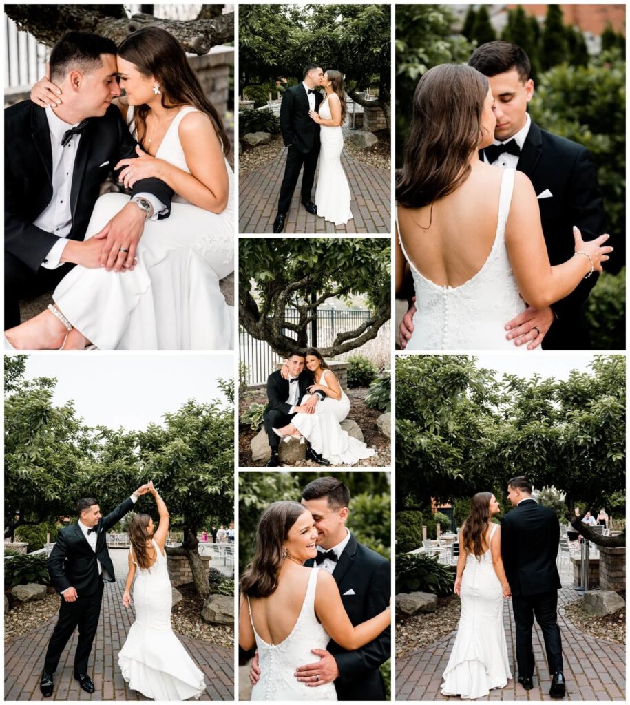 bride and groom cuddling and laughing together at windows on the river wedding reception