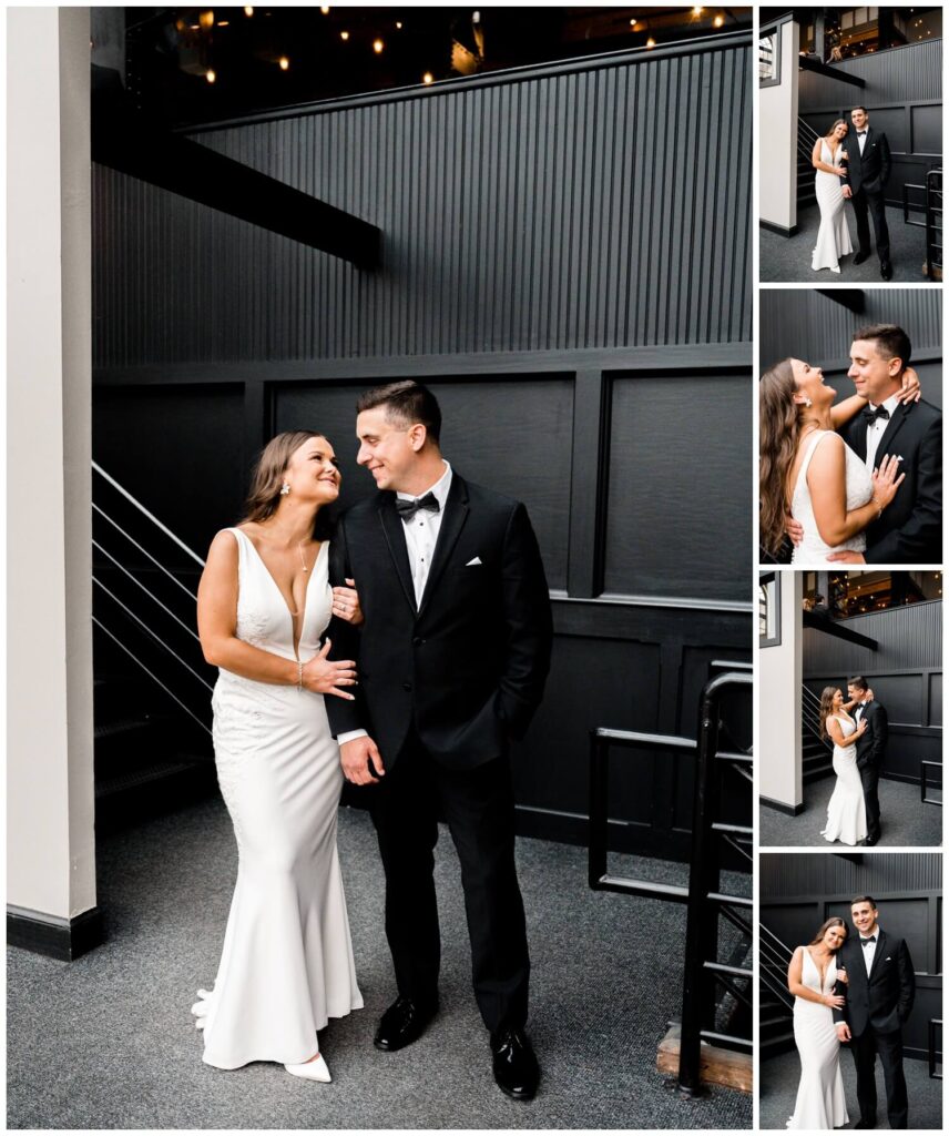 bride and groom posing at windows on the river wedding day captured by three and eight photography