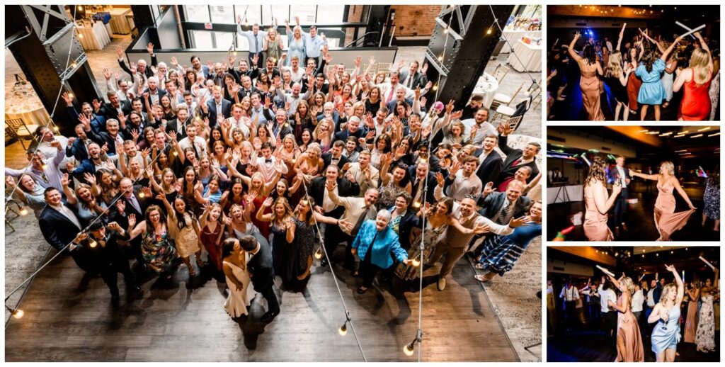 photos of wedding guests posing and dancing at windows on the river