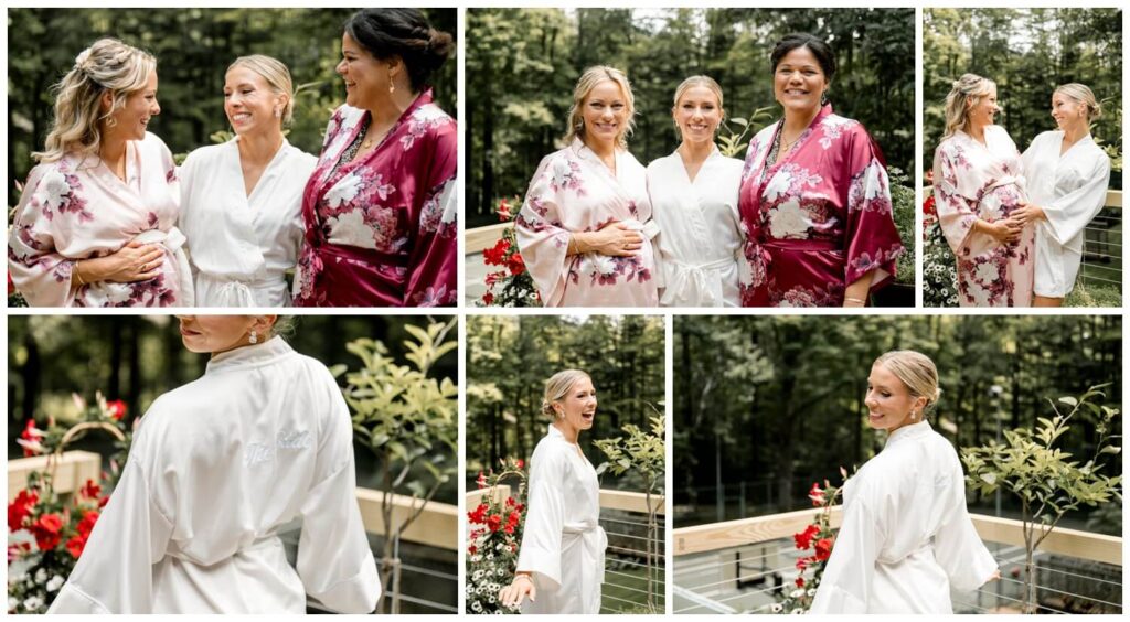 bride and bridesmaids posing in robes on wedding day