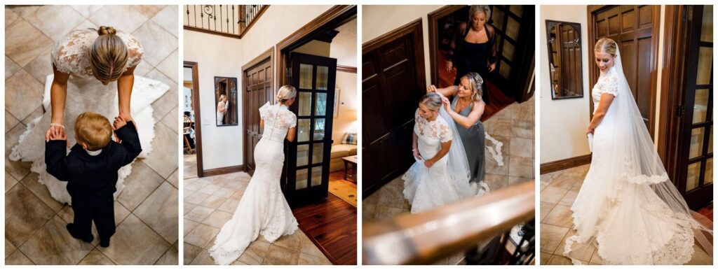 bride getting ready with her family at home on wedding day