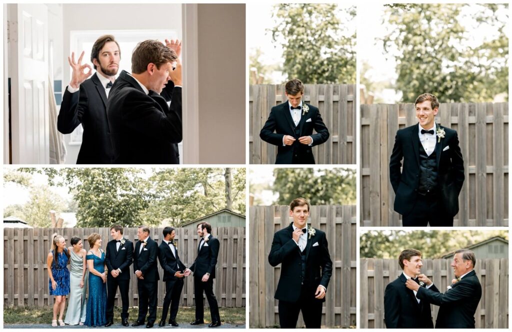 groom getting ready at home in backyard on wedding day