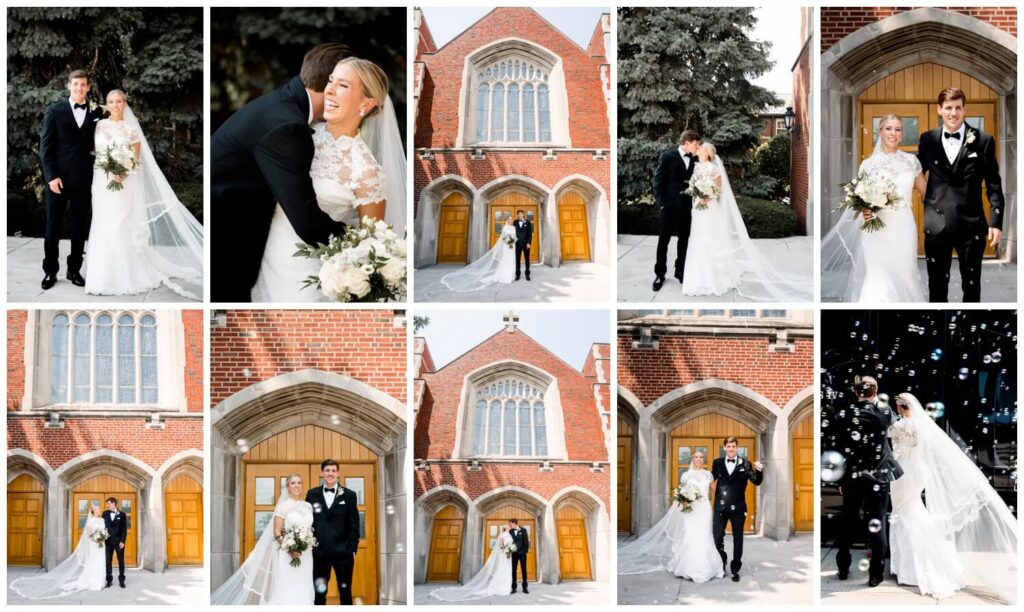 photos of bride and groom posing in front of church on wedding day