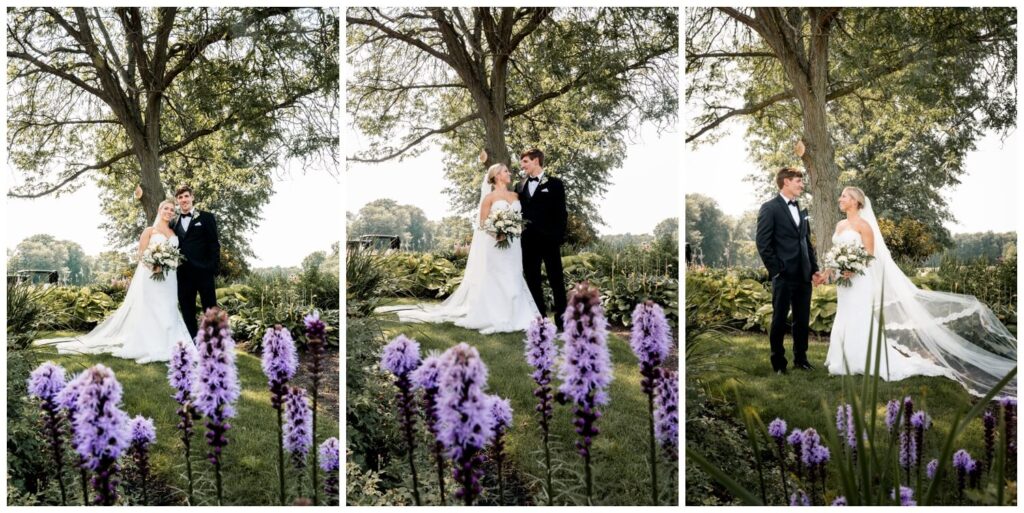 bride and groom posing on grounds at chagrin valley country club wedding