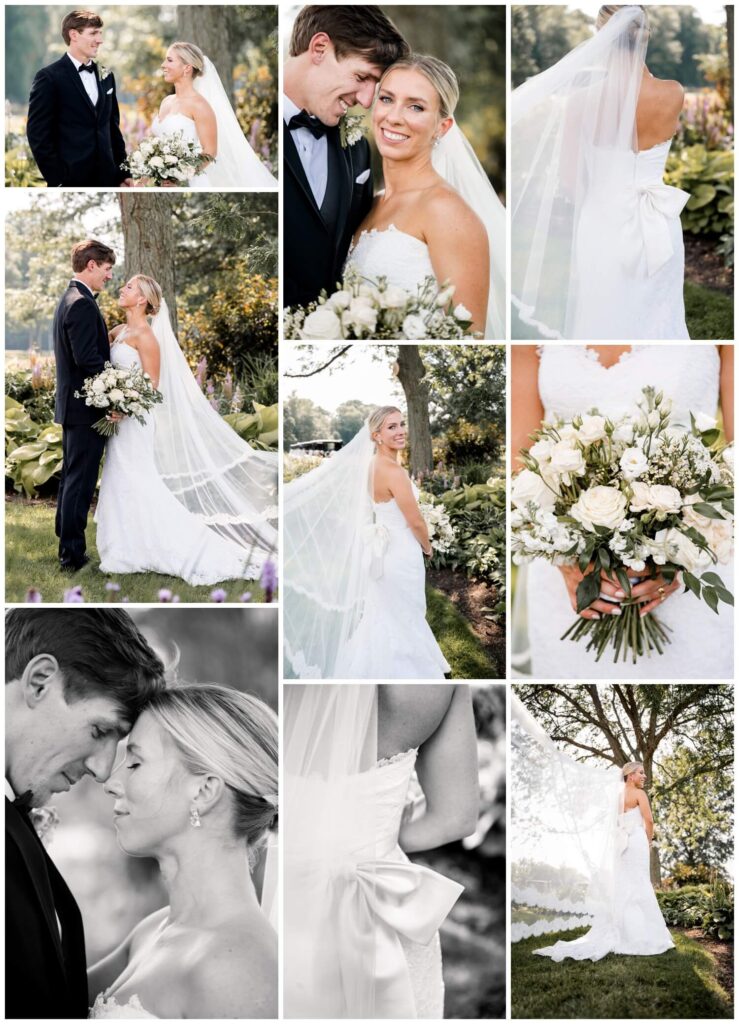 bride and groom hugging and posing outside of chagrin valley country club on wedding day