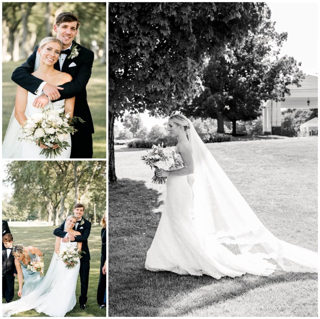 photos of bride and groom posing outside of chagrin valley country club on wedding day