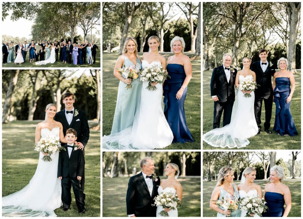 bride and groom posing with family on the grounds of the chagrin valley country club