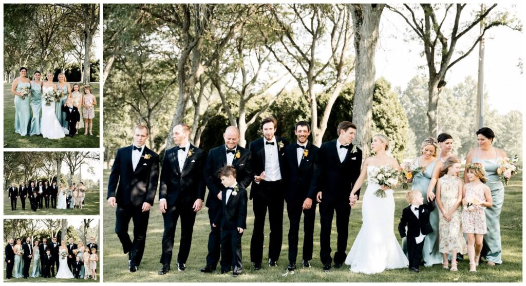 bride and groom posing with bridal party at chagrin valley country club