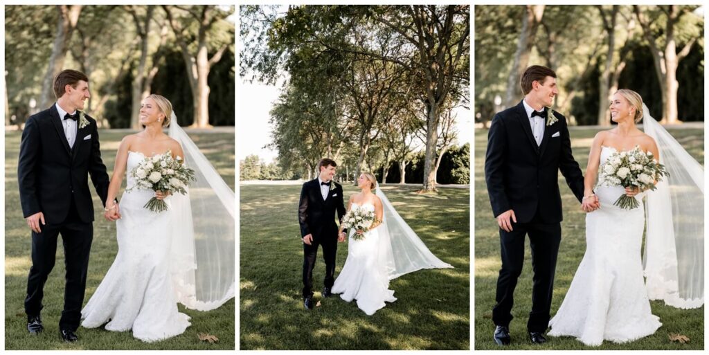 bride and groom walking on grass at chagrin valley country club on wedding day