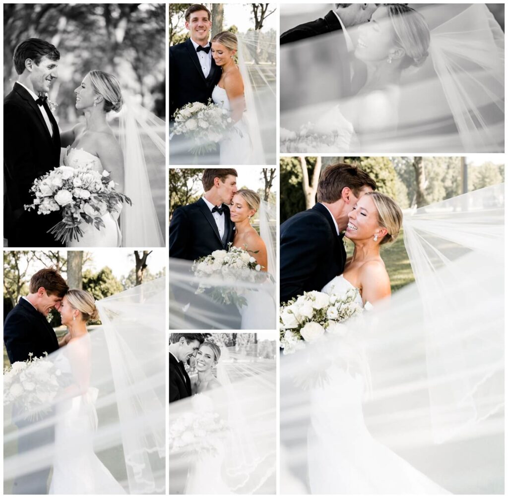 bride and groom hugging with veil blowing in wind at chagrin valley country club